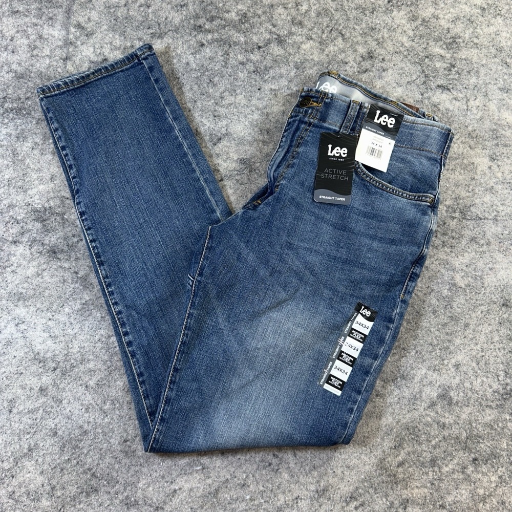 New Lee Jeans Men's 34x34 Blue Straight Taper Medium Wash Active Stretch Cowboy